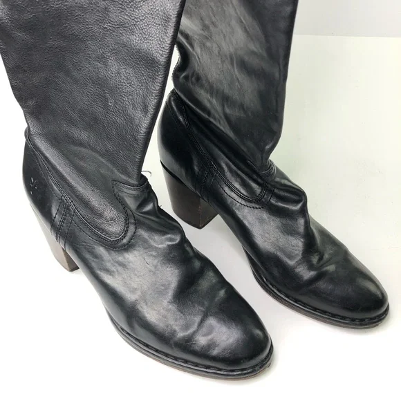 Frye Tall Boots Over the Knee Black Leather Western Block Heel Size 11 M Cowboy - Picture 15 of 16